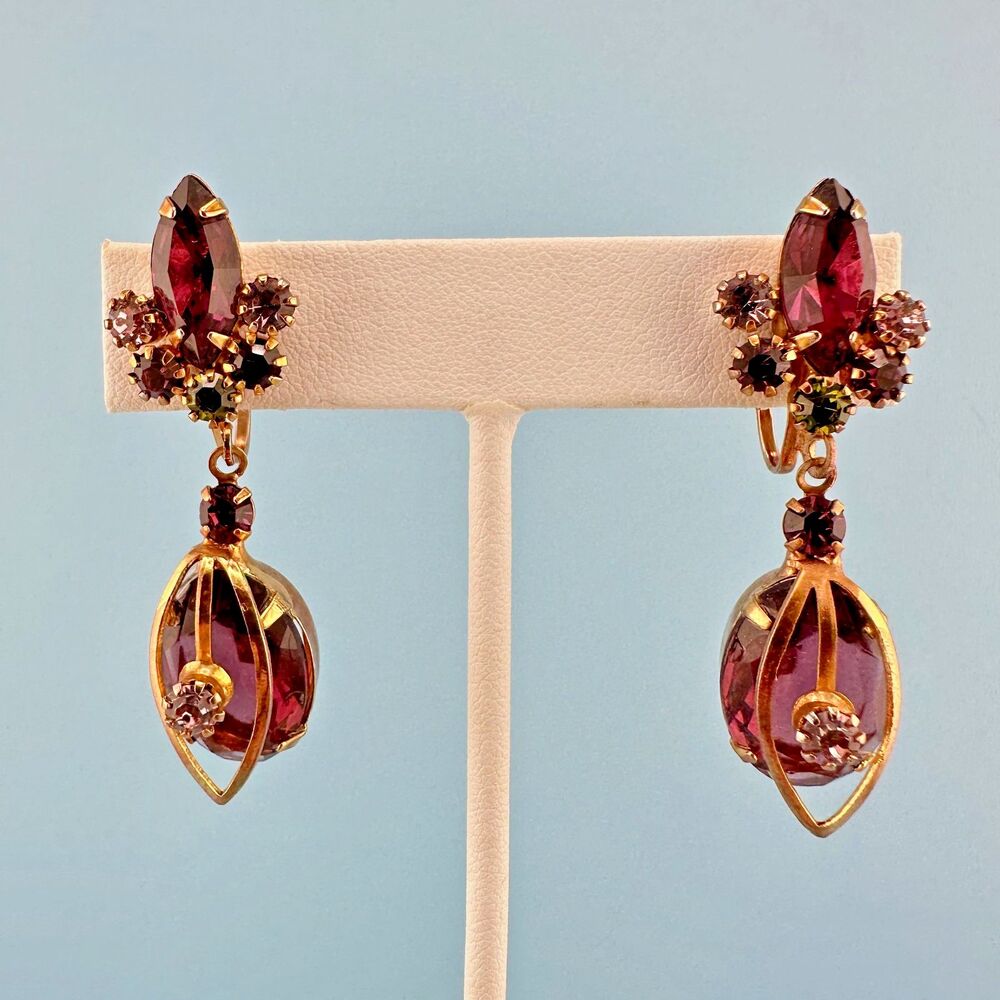 Vintage Purple Rhinestone Dangle Earrings Rose Gold Tone Clip On Prong Set